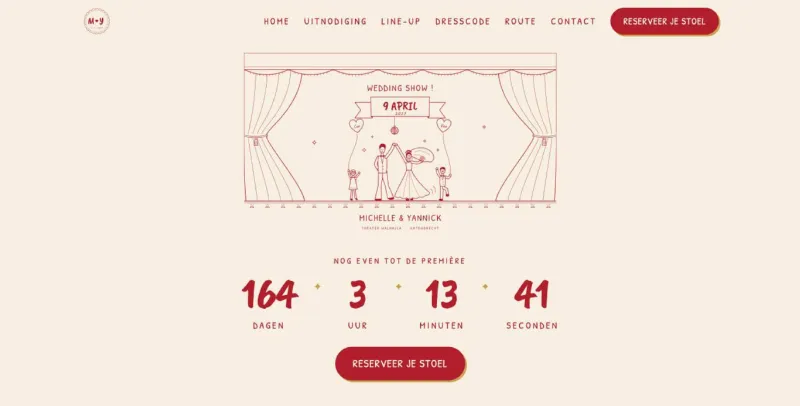 Homepage van de trouwsite met getekend theaterpodium